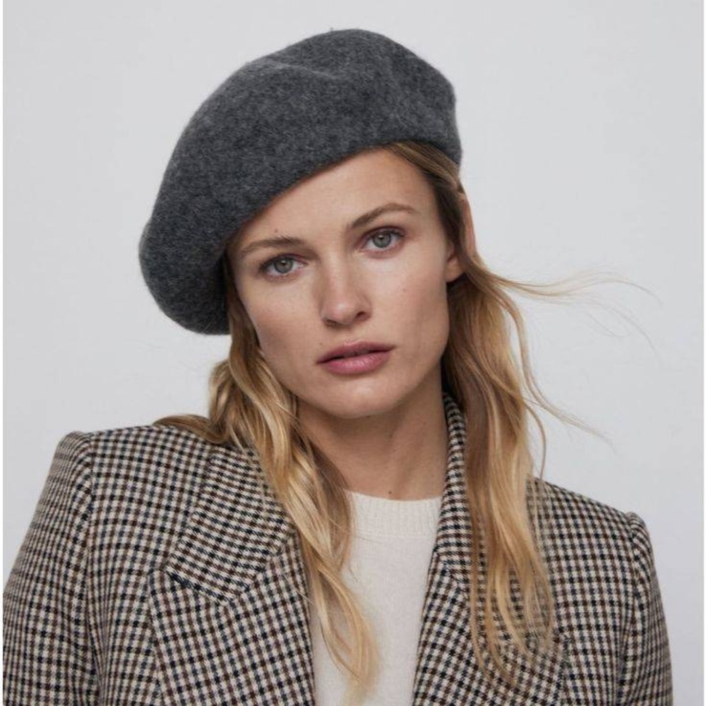 Zara Medium Wool Blend Beret Grey Textured Knit Winter Hat French Chic Accessory
